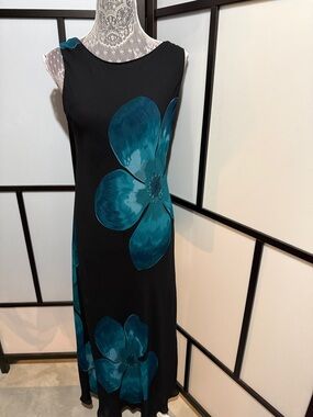 Carole Little Black Maxi Dress with Teal Floral Accents